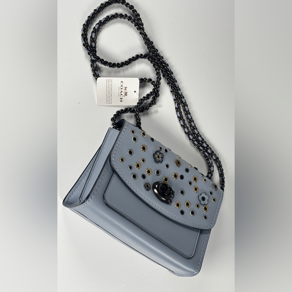 Coach Parker Tea Rose Blue rivets crossbody Bag NWT Chain & Leather w dusty - Picture 4 of 14